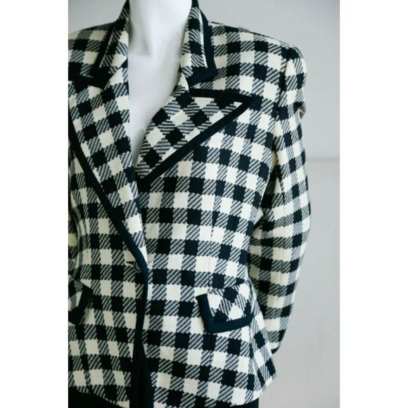 Vintage Wool Black White PlAid Notched Collar Fitted Cropped Chic Blazer M - Picture 5 of 10